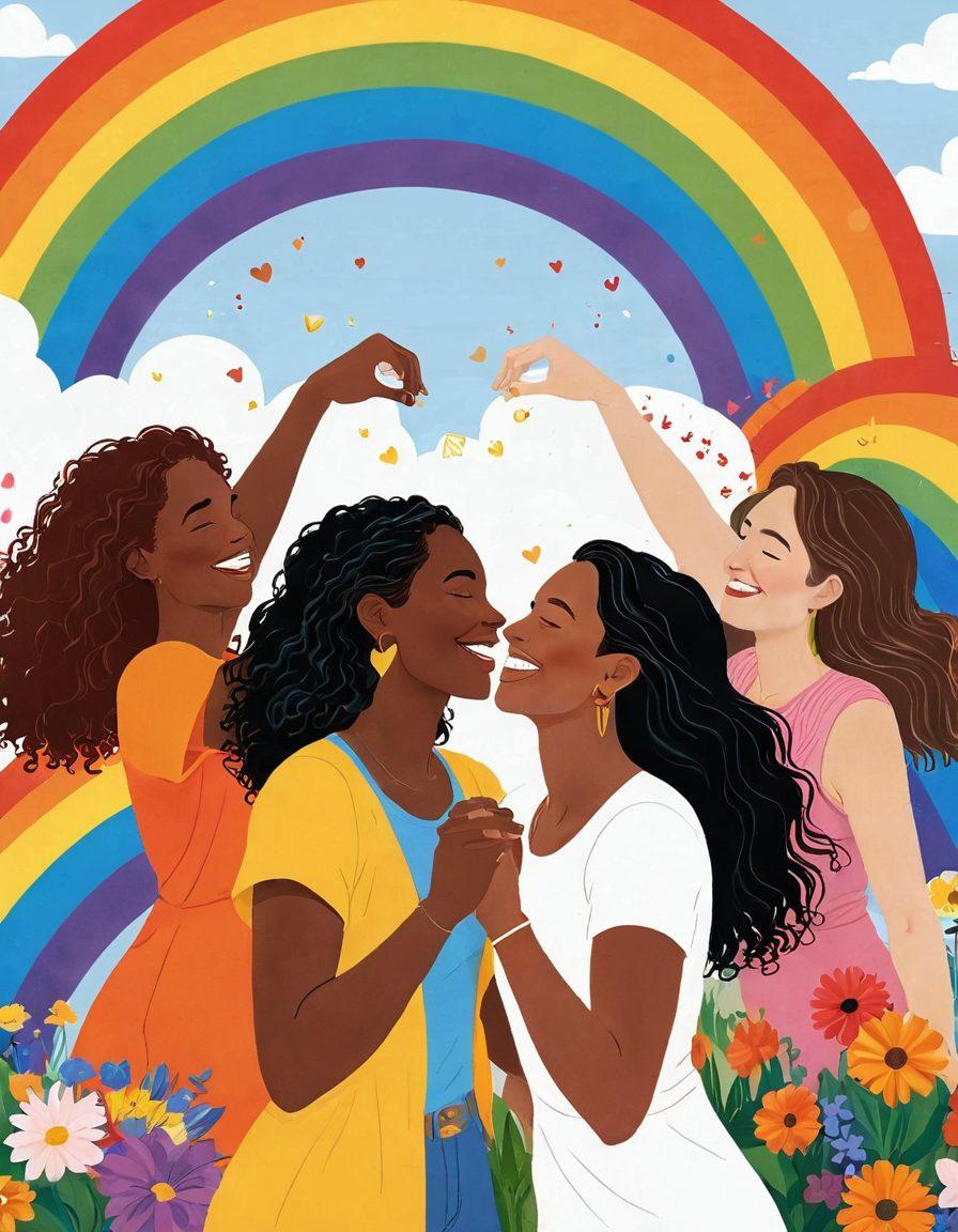 A vibrant, colorful illustration depicting diverse women embracing and celebrating love in various forms: holding hands, sharing laughter, and tender moments under a rainbow sky. Include elements of art such as hearts and flowers in the background. The scene should evoke joy, acceptance, and the beauty of intimacy in female relationships. super-realistic. vibrant colors. white background.