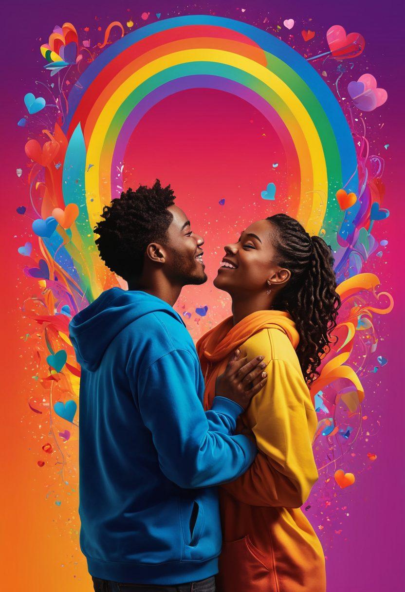 A vibrant, abstract representation of the adult streaming world, featuring diverse silhouettes of individuals expressing joy and liberation. Include symbols of various queer identities like rainbows and hearts weaving through a backdrop of streaming devices. The scene should evoke a sense of freedom and acceptance, blending bold colors with a dynamic layout. super-realistic. vibrant colors. digital art.